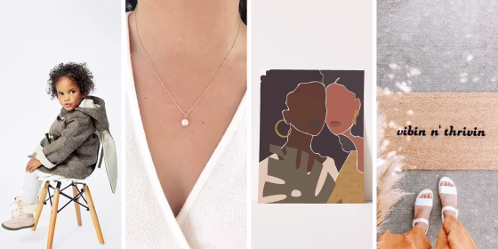 Illustration of Black Girl Wall Art, Modern Afro Art by TheEverydayPrintCo and Tiny Rose Gold Necklace from AvaHopeDesigns, Girl's Flopsy Bunny Coat by littlegoodall, and vibin n' thrivin toro mat by OliveCreativeCompany