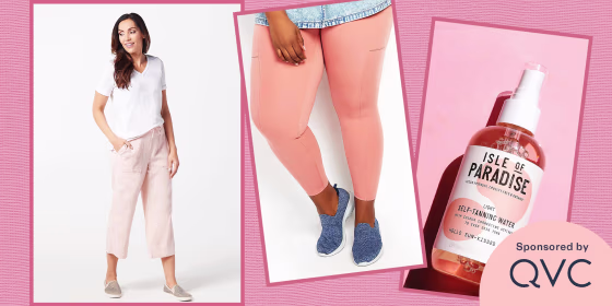 Illustration of QVC products like the Skechers Ultra Flex Flat Washable Knit Slip-On Shoes,Denim & Co. Linen Blend Pull-On Crop Pants with Pockets, Isle of Paradise Self Tanning Water