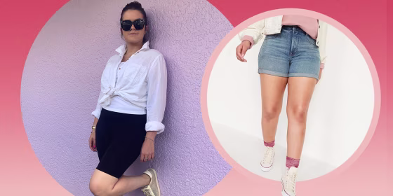 Illustration of Casey DelBasso wearing slimming black bike shorts and a woman wearing Old Navy High-Waisted O.G. Straight Jean Shorts
