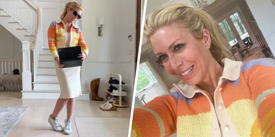 Illustration with two photo's of Jill Martin taking a selfie with her Amazon sweater