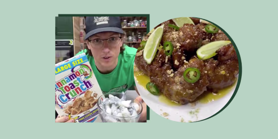 Podcaster and cookbook author Josh Scherer, aka the Mythical Chef, used Cinnamon Toast Crunch to bread fried shrimp.