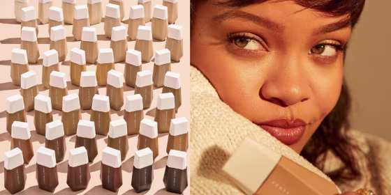 Illustration of Rihanna and her new skin tint drops in all different shades