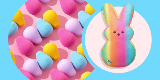 Illustration of Peeps x HipDot makeup collaboration and a rainbow Build-a-Bear shaped like a peep
