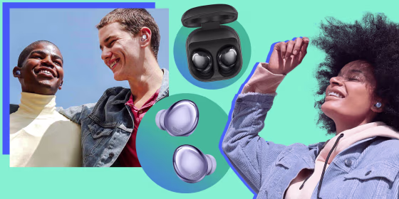 Illustration of a woman listening to music on her Samsung Galaxy Buds Pro, a pair of silver Samsung Galaxy Buds Pro, a pair of black pro's in a case and a male couple listening to music with white Pro's