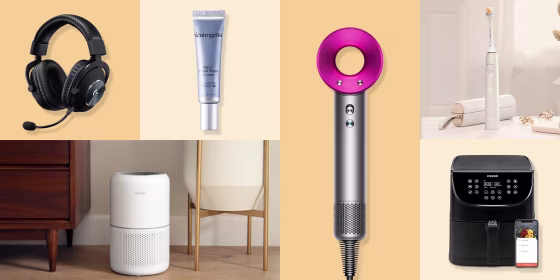 Illustration of Logitech G Pro X Wireless Gaming Headset, Levoit LV-H132 Air Purifier in white, Neutrogena Rapid Wrinkle Repair Eye Cream, the Dyson Supersonic in pink and silver, a black Cosori Air Fryer and the Philips Sonicare DiamondClean Smart 9300