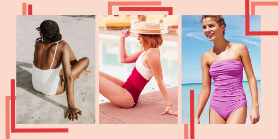 Illustration of a woman sitting by the pool wearing a red Summersalt The Sidestroke one-piece bathing suit, woman wearing the Andie Amalfi in white, at the beach and the J.Crew Ruched Bandeau One-Piece Swimsuit