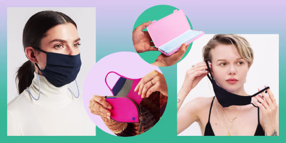 Illustration of a woman wearing a Pav? the Way Seeing is Believing Croakie Necklace mask, a woman wearing a Athleta Mask Lanyard in blue, Rothy's Mask Pocket Set in pink and blue, and someone holding a Dry Element Face Mask Container in pink