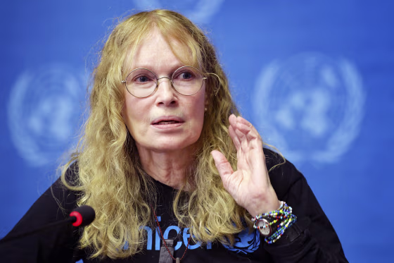 Image: UNICEF Goodwill Ambassador Mia Farrow during a press conference at the European headquarters of the UN in Geneva, on Nov. 14, 2013.