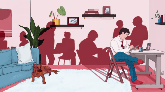 IMage: Illustration of a man working from home at his desk as shadows on the wall show office coworkers.