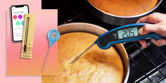 Illustration of ThermoWorks ThermoPop in blue, A hand sticking a the Lavatools Javelin PRO in blue in a cake and the MEATER Plus With Bluetooth Repeater and a phone