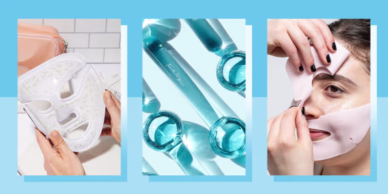 Illustration of hands holding a Dr. Dennis Gross SpectraLite FaceWare Pro, the Fourth Ray Beauty Facial Cooling Globes and a Woman putting on a Dr. Jart+ Cryo Rubber Masks