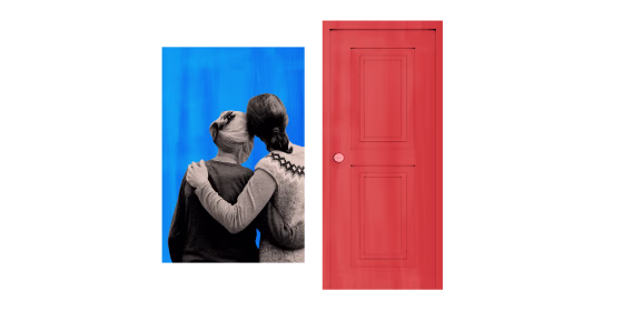 Image: Illustration of a mother and daughter hugging in a window next to a door.