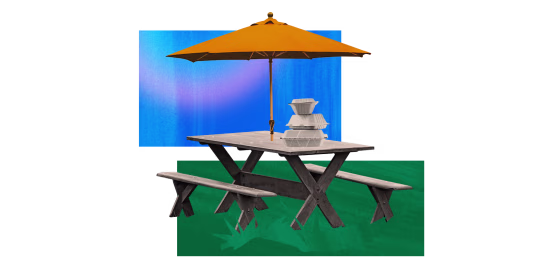 Image: Illustration of an outdoor dining set up with umbrella and takeout containers.