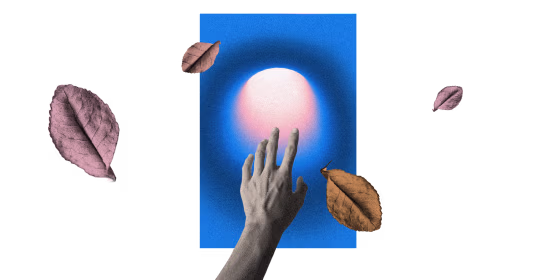 Photo illustration of a hand reaching out to a source of light. Dried leaves fly around.