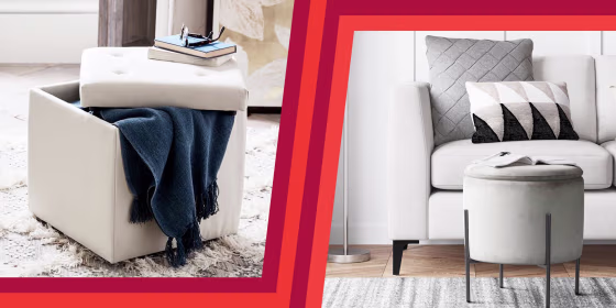 Illustration of the Deville Stilt with Storage Ottoman in a living room and an open Marlow Storage Cube in grey