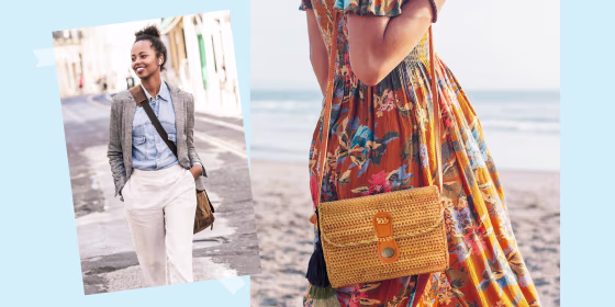 Illustration of a Woman walking down the street with a cross body bag and a Woman at the beach with the MadeTerra Oval Straw Bag Purse