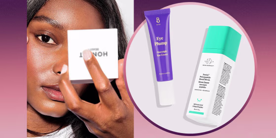 Illustration of a Woman holding an Honest Beauty Blush Creme Cheek Blush, a BYBI Eye Plump and the Drunk Elephant Protini Powerpeptide Resurf Serum