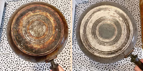 Before and After Image of a rusty pot, after using Pink Stuff cleaner on it