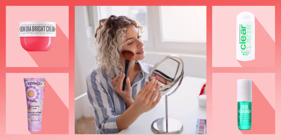 Woman using a blush brush on her cheek while looking in a little mirror, and a roundup of products on sale at Sephora