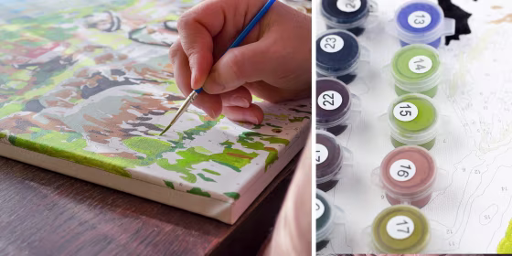 Illustration of a Woman holding a brush and painting in numbers on a canvas and little bottles of paint with numbers on them
