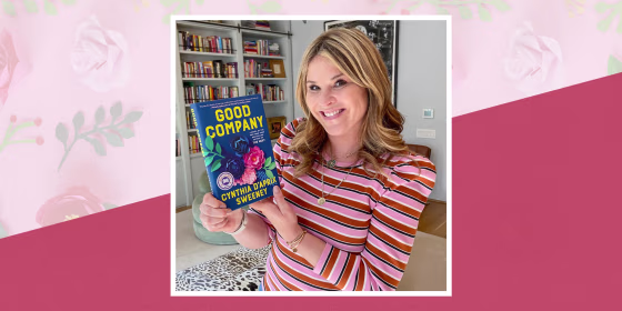 Illustration of Jenna Bush Hager holding her April Read With Jenna book pick "Good Company" by Cynthia D'Aprix Sweeney