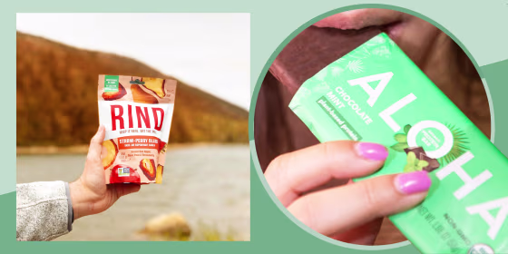 A hand holding a bag. of fruit RindSnacks and a Woman eating an Aloha bar