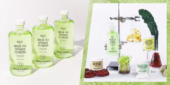Illustration of the Youth To The People Superfood Cleanser in a lab setting surrounded by bottles, and an image of 3 Superfood Cleanser Bottles. Learn about Youth to the People, their sustainability efforts and see clean skin care products such as cleanse