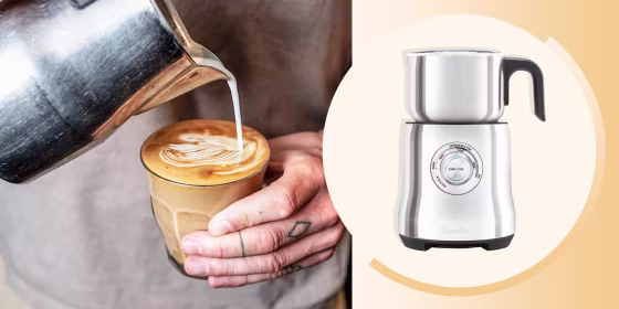 Illustration of someone pouring milk from their milk brother into a cup of coffee and the Breville Milk Frother. The Breville Milk Cafe milk frother boosted my coffee game to a whole new level. I can make barista-level coffee, cappuccino and even hot choc