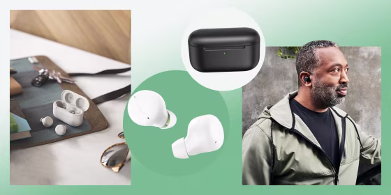 Illustration of a Man wearing the Amazon Echo 2nd Generation ear buds in black, a lifestyle of the earbuds in white, and the earbuds and case. The new Amazon Echo Buds have an updated compact design and active noise cancellation. Get a discount on Echo Bu