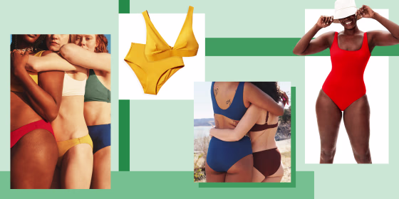 Illustration of different types of Everlane bathing suits, that are made ade from recycled plastic. Everything you need to know about Everlane's swimwear collection. Shop the sustainable swimwear including one-piece swimsuits, bikinis and more