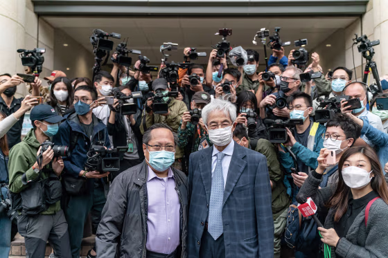 Image: Former lawmaker and barrister Martin Lee and, former lawmaker Albert Ho arrive at West Kowloon court ahead of a sentencing hearing