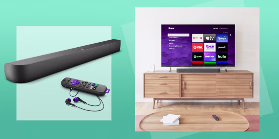 Illustration of living room with the Roku TV, with the StreamBar Pro and Remote, and a cutout of the Streambar Pro and remote with headphones plugged in