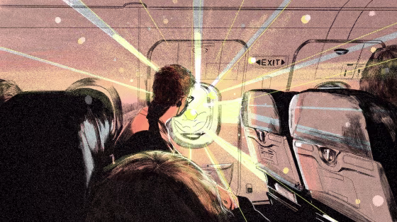 Illustration of a man in a mask looking at the glaring sun through a plane window.