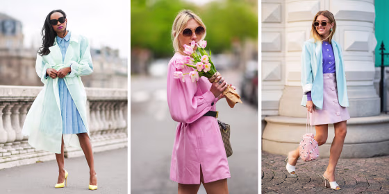 Illustration of three Woman wearing pink and blue pastel outfits on the street