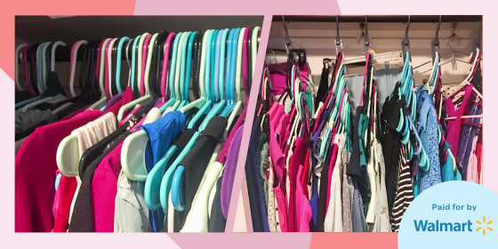 Illustration of before and after showing Chrissy Callahan's closet organized using As Seen on TV Wonder Hanger MAX Closet Storage Organizer