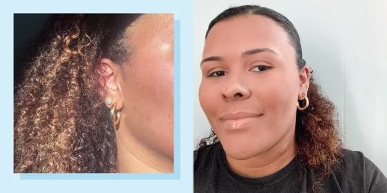 Two images of Kamari Stewart wearing medium gold hoop earrings