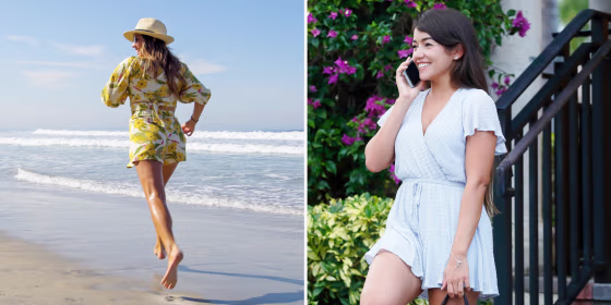 Images of two woman wearing different color and styles of rompers outside