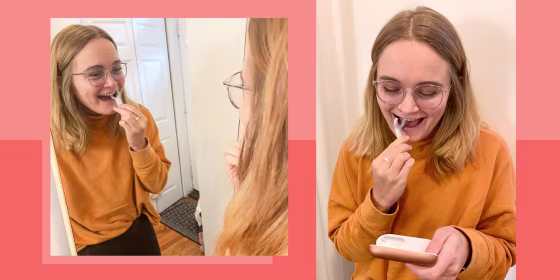 Two images of Emma Stessman using reusable floss from Quip