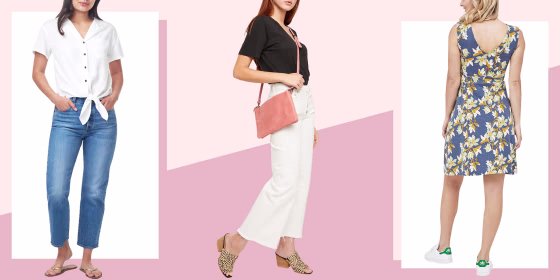 Illustration of a Woman wearing the Meander Tie Front Shirt, Women in the Porch Song Dress and Woman wearing a pink Martha Crossbody
