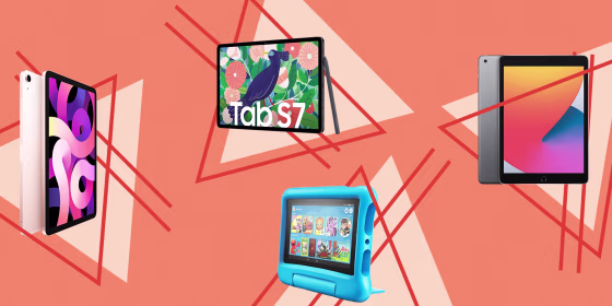 Illustration of the Amazon Fire HD 8 Kids Edition, Apple 10.2-inch iPad, Apple iPad Air in pink and Samsung Galaxy Tab S7. These are the best tablets of 2021 that are affordable alternatives to the iPad Pro. Shop the best tablets from Apple, Samsung, Amaz
