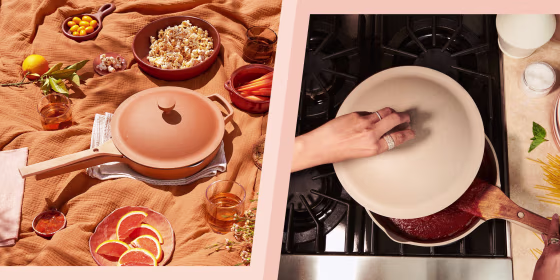 Illustration of two lifestyle images, featuring the Our Place Pan. The Always Pan doesn't often go on sale, so you might want to grab one while it's $30 off.