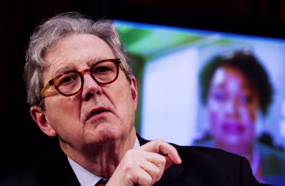 Sen. John Kennedy, R-La., listens as Stacey Abrams testifies remotely during a Senate Judiciary Committee hearing on voting rights on Capitol Hill on April 20, 2021.
