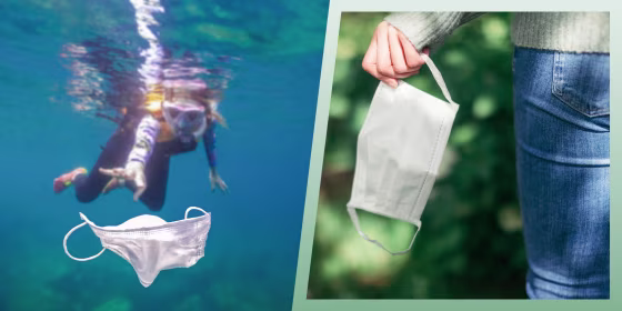 Illustration of two images a Volunteer girl snorkeling with swimsuit and picking up a mask garbage on ocean and a hand holding a mask. See the best eco-friendly and sustainable masks of 2021 to help prevent face mask pollution. The best eco-friendly face