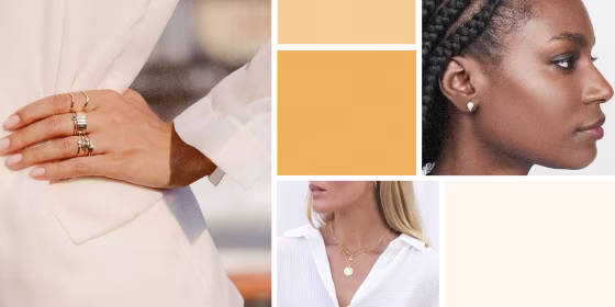 Illustration of a Woman wearing a stack of Aurate Diamond Brooklyn Bridge Ring, Mateo 14k Triangle Pearl Stud Earrings and the California Dreaming Layering Set