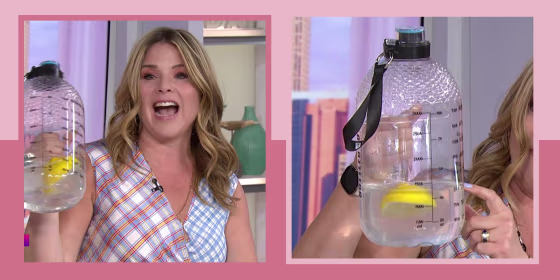 Illustration of Jenna on broadcast holding a large Bottled Joy Water Bottle