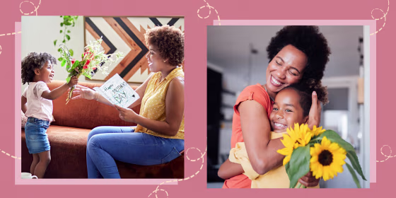 Illustration of two daughters giving their moms flowers