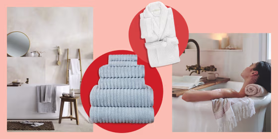 Illustration of a bathroom filled with Haven line bathroom products from Bed Bath and Beyond, the Haven Waffle Towel, and a set of blue Haven bath towels. Bed Bath & Beyond's new Haven collection features a line of spa-inspired products for your bathroom