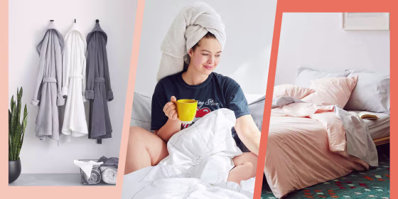 Illustration of Brooklinen robes hanging in a bathroom, Woman with a Brooklinen towel wrapped on her hair and a bed with Brooklinen sheets