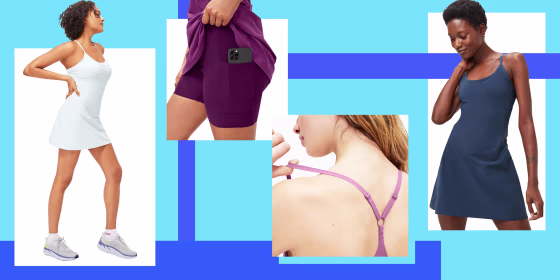 Illustration of a 4 images showing different Woman wearing a different color Outdoor Voices exercise Dress
