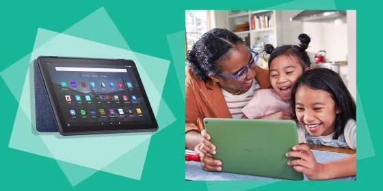 Image of a Woman and two kids on a gree Fire Tablet 10, and a Fire Tablet